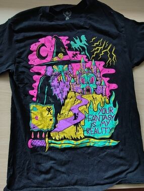Black Neon Graphic Short Sleeve Tee - Fantasy Print Mythical Colorful Cool